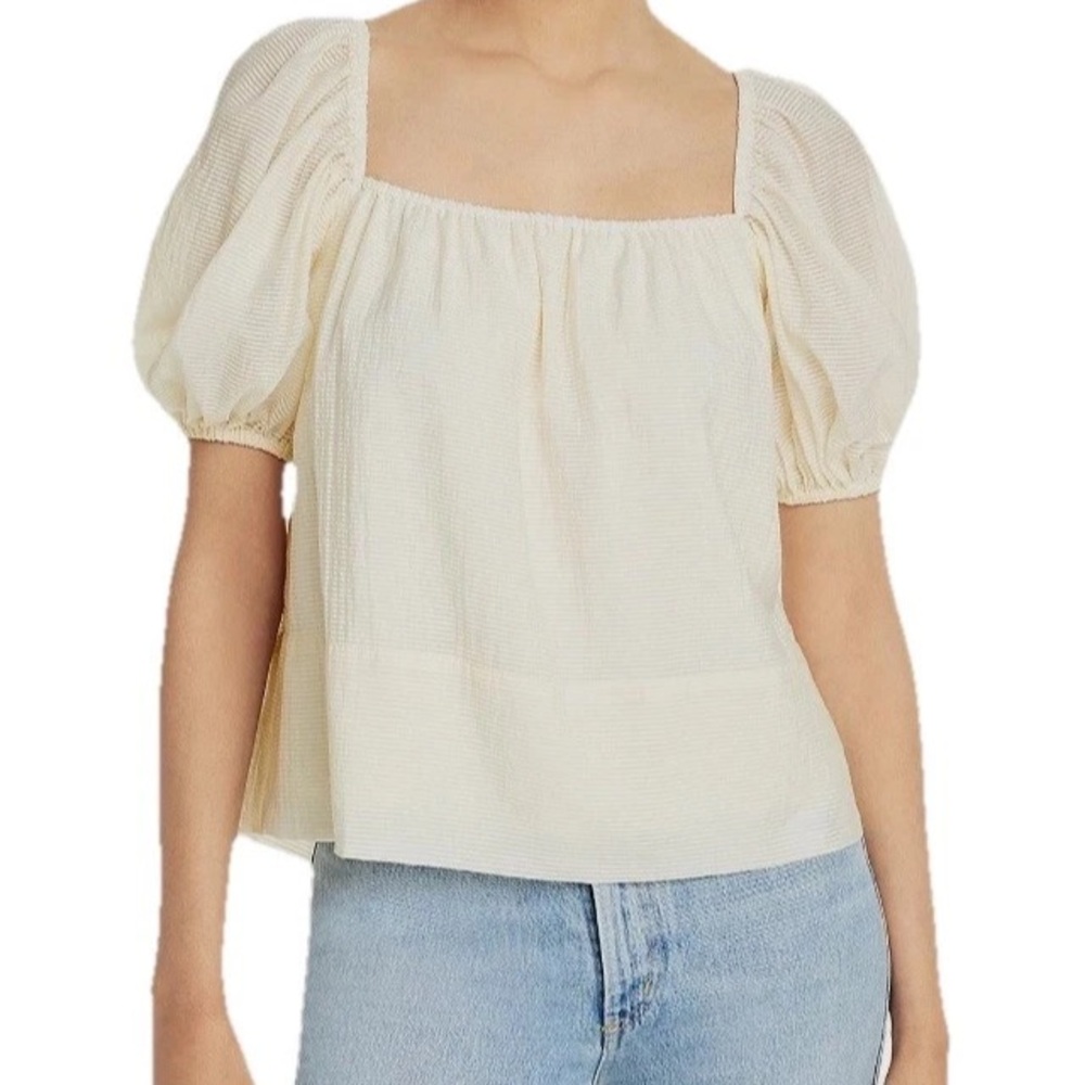 Wayf Babydoll Women's Beige Yellow Short Sleeve Stripe Square Neck Blouse Top S